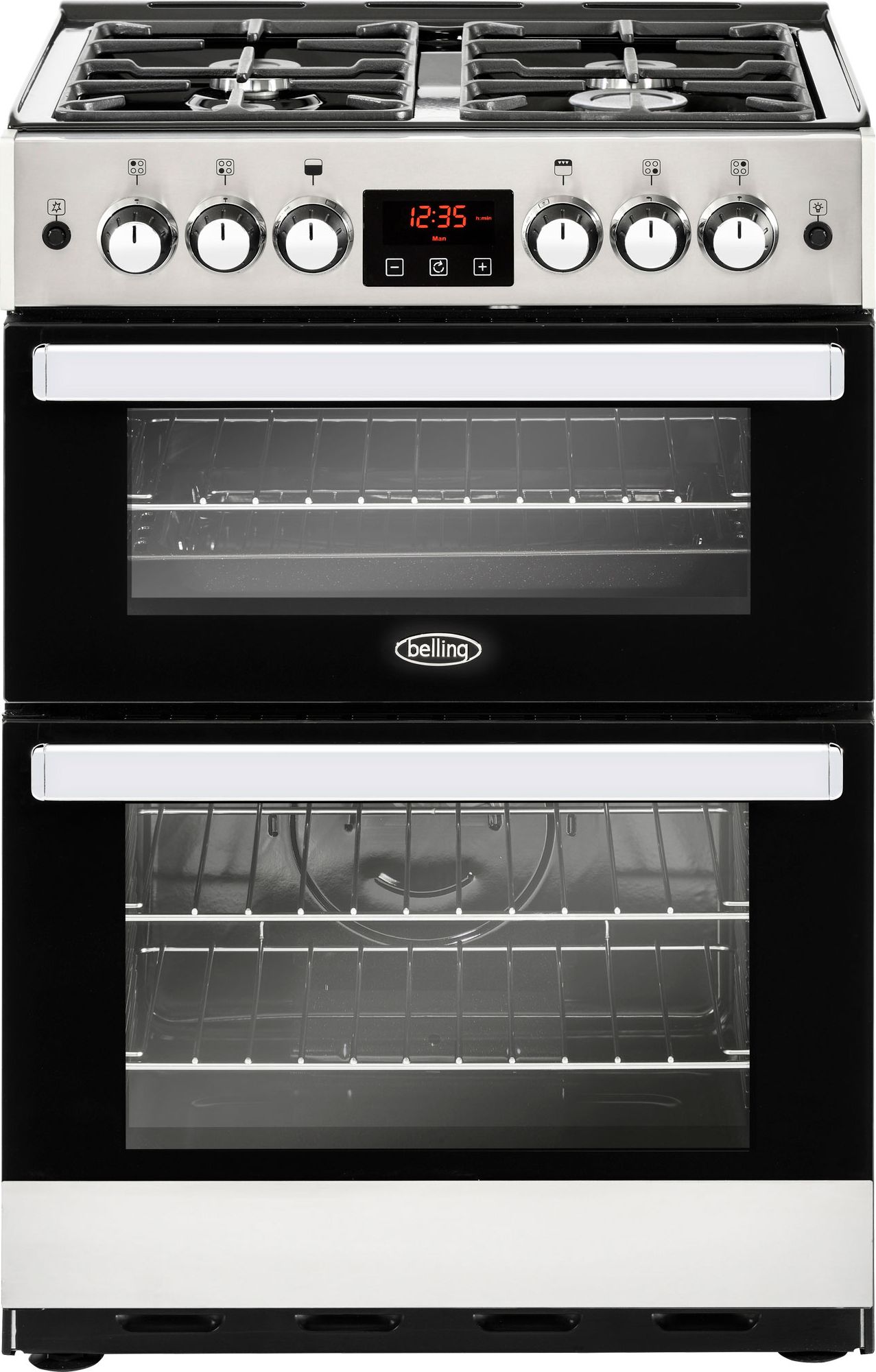 Belling Cookcentre 60G 60cm Freestanding Gas Cooker with Full Width Electric Grill - Stainless Steel - A+/A Rated, Stainless Steel